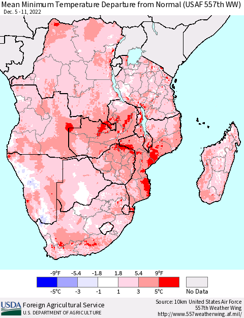 Southern Africa Mean Minimum Temperature Departure from Normal (USAF 557th WW) Thematic Map For 12/5/2022 - 12/11/2022