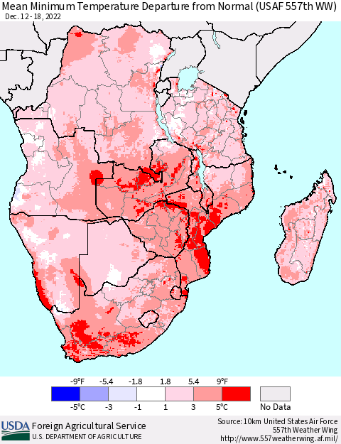 Southern Africa Mean Minimum Temperature Departure from Normal (USAF 557th WW) Thematic Map For 12/12/2022 - 12/18/2022