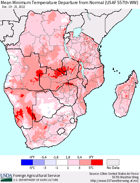 Southern Africa Mean Minimum Temperature Departure from Normal (USAF 557th WW) Thematic Map For 12/19/2022 - 12/25/2022