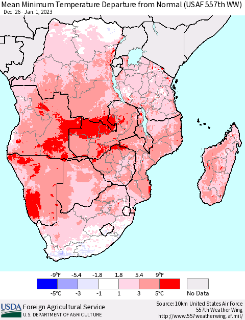 Southern Africa Mean Minimum Temperature Departure from Normal (USAF 557th WW) Thematic Map For 12/26/2022 - 1/1/2023