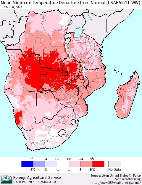 Southern Africa Mean Minimum Temperature Departure from Normal (USAF 557th WW) Thematic Map For 1/2/2023 - 1/8/2023