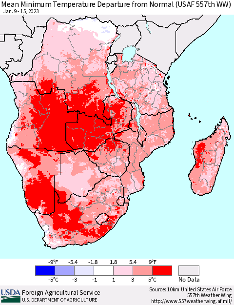 Southern Africa Mean Minimum Temperature Departure from Normal (USAF 557th WW) Thematic Map For 1/9/2023 - 1/15/2023