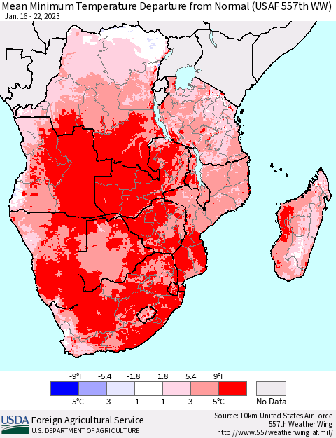Southern Africa Mean Minimum Temperature Departure from Normal (USAF 557th WW) Thematic Map For 1/16/2023 - 1/22/2023