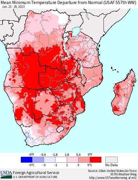 Southern Africa Mean Minimum Temperature Departure from Normal (USAF 557th WW) Thematic Map For 1/23/2023 - 1/29/2023