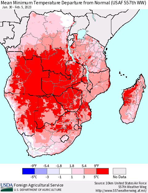 Southern Africa Mean Minimum Temperature Departure from Normal (USAF 557th WW) Thematic Map For 1/30/2023 - 2/5/2023
