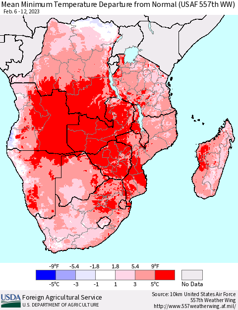 Southern Africa Mean Minimum Temperature Departure from Normal (USAF 557th WW) Thematic Map For 2/6/2023 - 2/12/2023