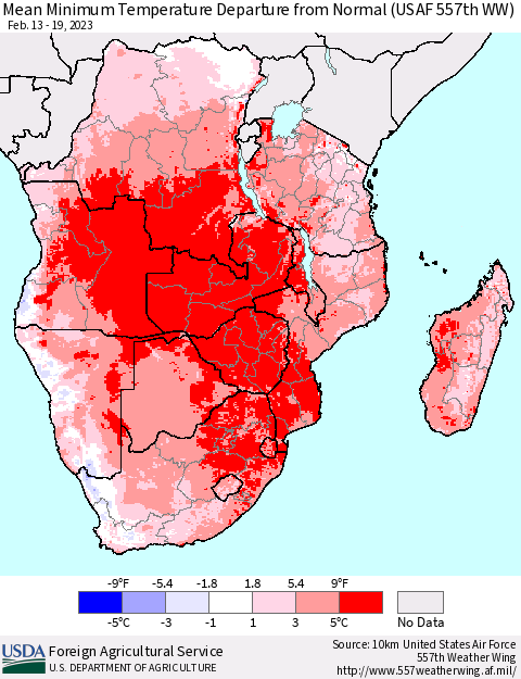 Southern Africa Mean Minimum Temperature Departure from Normal (USAF 557th WW) Thematic Map For 2/13/2023 - 2/19/2023