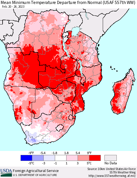 Southern Africa Mean Minimum Temperature Departure from Normal (USAF 557th WW) Thematic Map For 2/20/2023 - 2/26/2023
