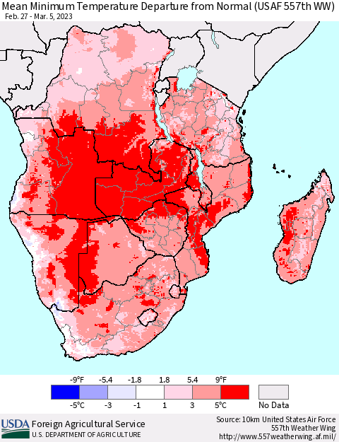 Southern Africa Mean Minimum Temperature Departure from Normal (USAF 557th WW) Thematic Map For 2/27/2023 - 3/5/2023