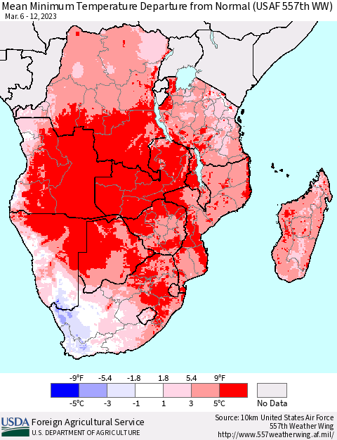 Southern Africa Mean Minimum Temperature Departure from Normal (USAF 557th WW) Thematic Map For 3/6/2023 - 3/12/2023