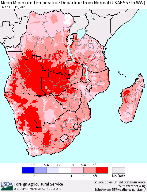 Southern Africa Mean Minimum Temperature Departure from Normal (USAF 557th WW) Thematic Map For 3/13/2023 - 3/19/2023
