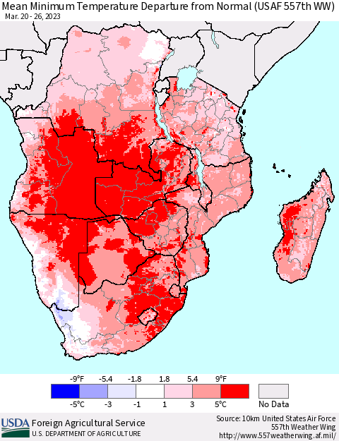 Southern Africa Mean Minimum Temperature Departure from Normal (USAF 557th WW) Thematic Map For 3/20/2023 - 3/26/2023