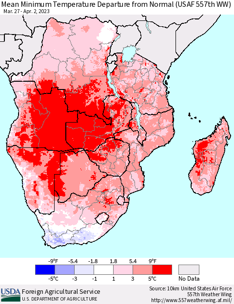 Southern Africa Mean Minimum Temperature Departure from Normal (USAF 557th WW) Thematic Map For 3/27/2023 - 4/2/2023