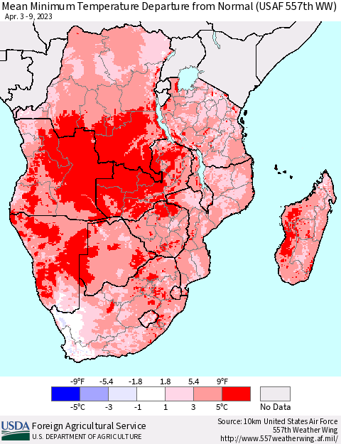 Southern Africa Mean Minimum Temperature Departure from Normal (USAF 557th WW) Thematic Map For 4/3/2023 - 4/9/2023