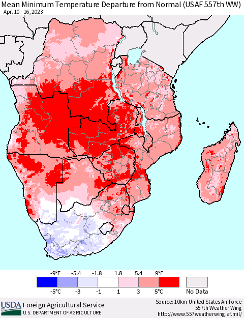 Southern Africa Mean Minimum Temperature Departure from Normal (USAF 557th WW) Thematic Map For 4/10/2023 - 4/16/2023
