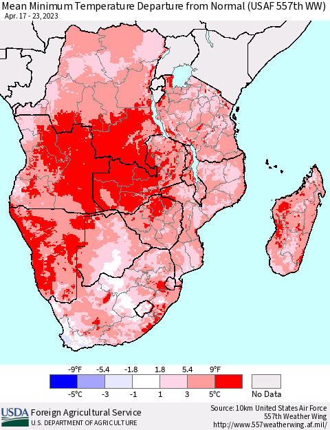 Southern Africa Mean Minimum Temperature Departure from Normal (USAF 557th WW) Thematic Map For 4/17/2023 - 4/23/2023