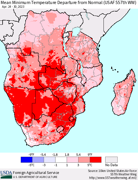 Southern Africa Mean Minimum Temperature Departure from Normal (USAF 557th WW) Thematic Map For 4/24/2023 - 4/30/2023