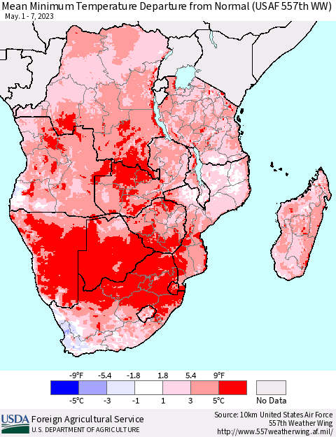Southern Africa Mean Minimum Temperature Departure from Normal (USAF 557th WW) Thematic Map For 5/1/2023 - 5/7/2023