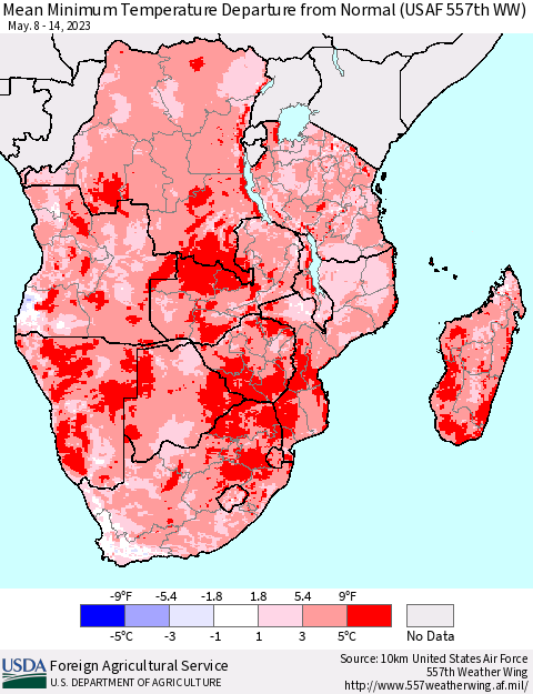 Southern Africa Mean Minimum Temperature Departure from Normal (USAF 557th WW) Thematic Map For 5/8/2023 - 5/14/2023