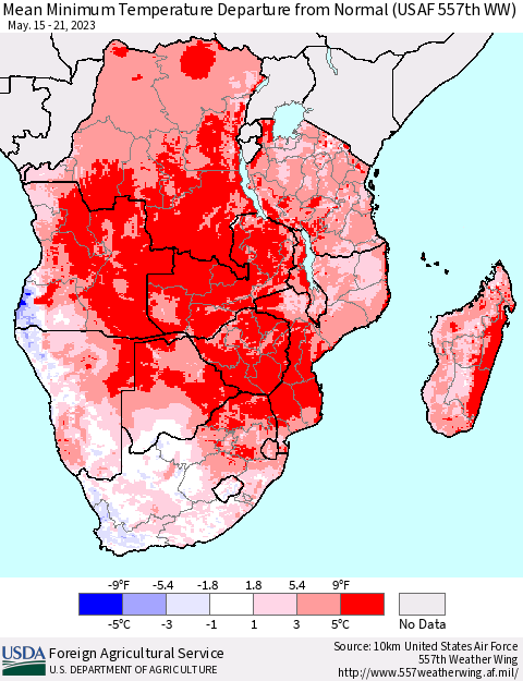 Southern Africa Mean Minimum Temperature Departure from Normal (USAF 557th WW) Thematic Map For 5/15/2023 - 5/21/2023