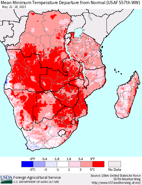 Southern Africa Mean Minimum Temperature Departure from Normal (USAF 557th WW) Thematic Map For 5/22/2023 - 5/28/2023