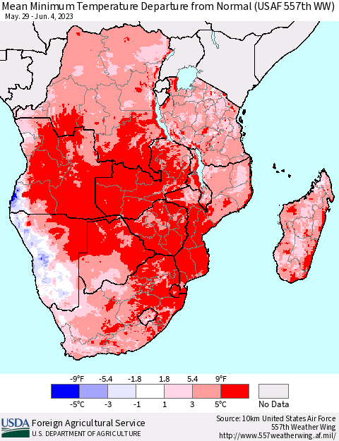Southern Africa Mean Minimum Temperature Departure from Normal (USAF 557th WW) Thematic Map For 5/29/2023 - 6/4/2023