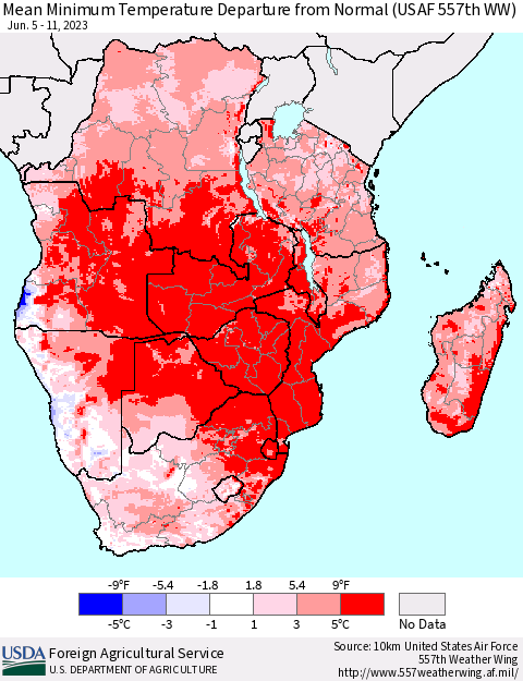Southern Africa Mean Minimum Temperature Departure from Normal (USAF 557th WW) Thematic Map For 6/5/2023 - 6/11/2023