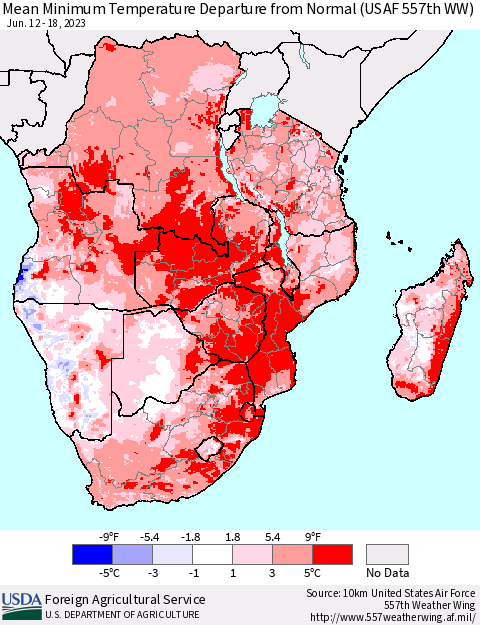 Southern Africa Mean Minimum Temperature Departure from Normal (USAF 557th WW) Thematic Map For 6/12/2023 - 6/18/2023