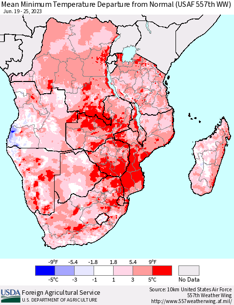 Southern Africa Mean Minimum Temperature Departure from Normal (USAF 557th WW) Thematic Map For 6/19/2023 - 6/25/2023