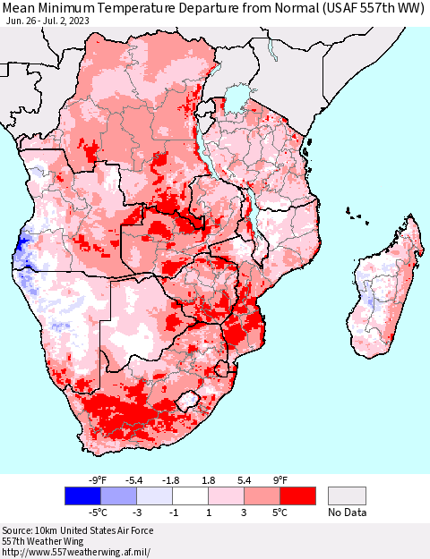 Southern Africa Mean Minimum Temperature Departure from Normal (USAF 557th WW) Thematic Map For 6/26/2023 - 7/2/2023