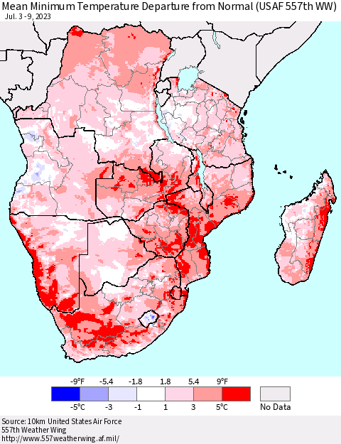 Southern Africa Mean Minimum Temperature Departure from Normal (USAF 557th WW) Thematic Map For 7/3/2023 - 7/9/2023