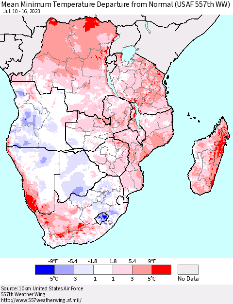 Southern Africa Mean Minimum Temperature Departure from Normal (USAF 557th WW) Thematic Map For 7/10/2023 - 7/16/2023