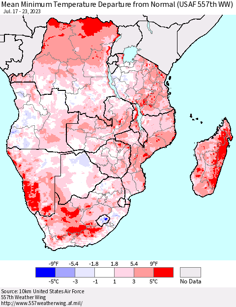 Southern Africa Mean Minimum Temperature Departure from Normal (USAF 557th WW) Thematic Map For 7/17/2023 - 7/23/2023