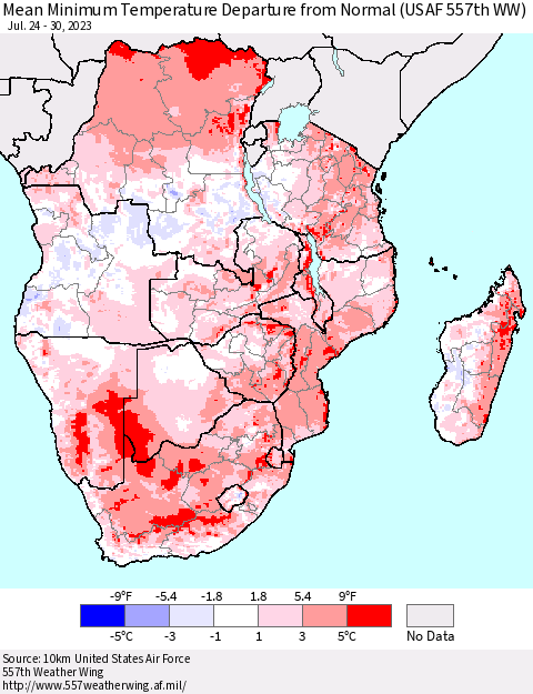 Southern Africa Mean Minimum Temperature Departure from Normal (USAF 557th WW) Thematic Map For 7/24/2023 - 7/30/2023