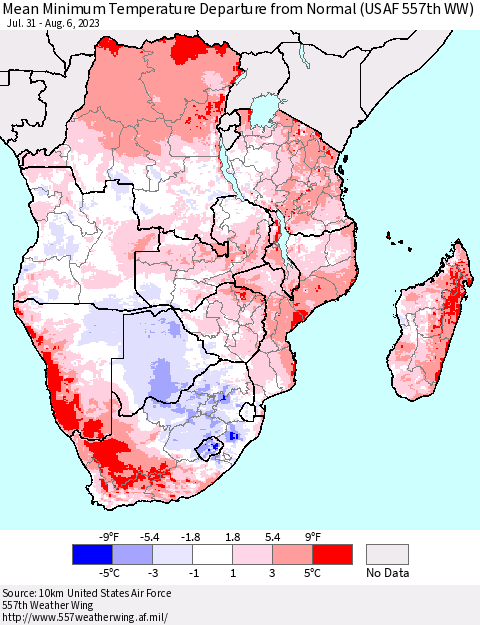 Southern Africa Mean Minimum Temperature Departure from Normal (USAF 557th WW) Thematic Map For 7/31/2023 - 8/6/2023