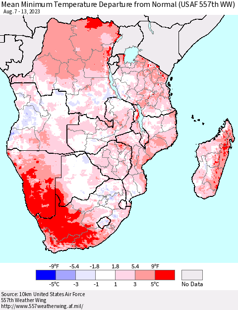 Southern Africa Mean Minimum Temperature Departure from Normal (USAF 557th WW) Thematic Map For 8/7/2023 - 8/13/2023