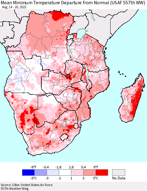 Southern Africa Mean Minimum Temperature Departure from Normal (USAF 557th WW) Thematic Map For 8/14/2023 - 8/20/2023