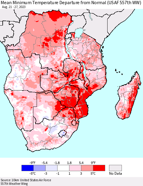 Southern Africa Mean Minimum Temperature Departure from Normal (USAF 557th WW) Thematic Map For 8/21/2023 - 8/27/2023