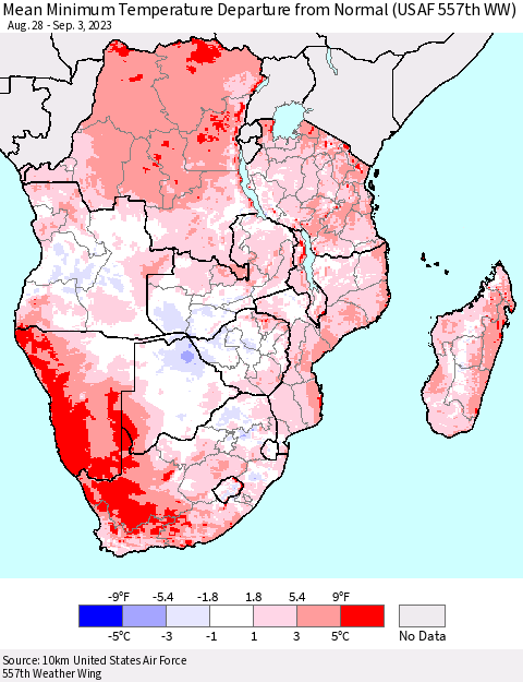 Southern Africa Mean Minimum Temperature Departure from Normal (USAF 557th WW) Thematic Map For 8/28/2023 - 9/3/2023
