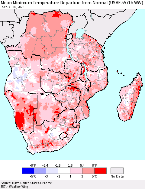 Southern Africa Mean Minimum Temperature Departure from Normal (USAF 557th WW) Thematic Map For 9/4/2023 - 9/10/2023