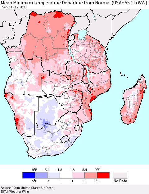 Southern Africa Mean Minimum Temperature Departure from Normal (USAF 557th WW) Thematic Map For 9/11/2023 - 9/17/2023