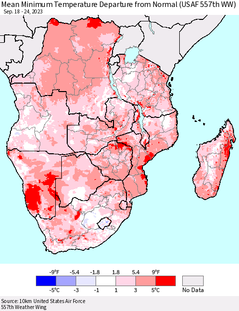 Southern Africa Mean Minimum Temperature Departure from Normal (USAF 557th WW) Thematic Map For 9/18/2023 - 9/24/2023