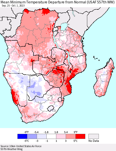 Southern Africa Mean Minimum Temperature Departure from Normal (USAF 557th WW) Thematic Map For 9/25/2023 - 10/1/2023