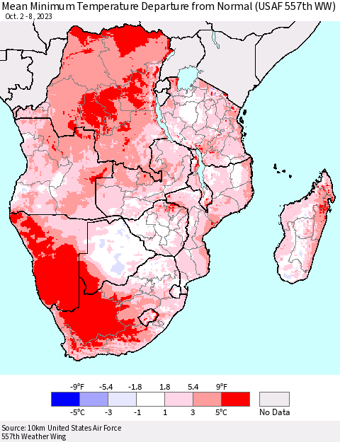 Southern Africa Mean Minimum Temperature Departure from Normal (USAF 557th WW) Thematic Map For 10/2/2023 - 10/8/2023