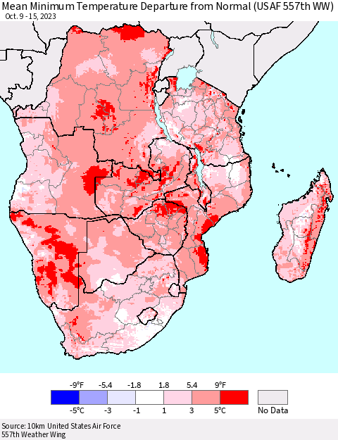 Southern Africa Mean Minimum Temperature Departure from Normal (USAF 557th WW) Thematic Map For 10/9/2023 - 10/15/2023