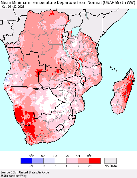 Southern Africa Mean Minimum Temperature Departure from Normal (USAF 557th WW) Thematic Map For 10/16/2023 - 10/22/2023