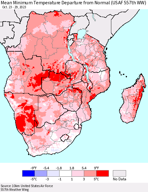 Southern Africa Mean Minimum Temperature Departure from Normal (USAF 557th WW) Thematic Map For 10/23/2023 - 10/29/2023