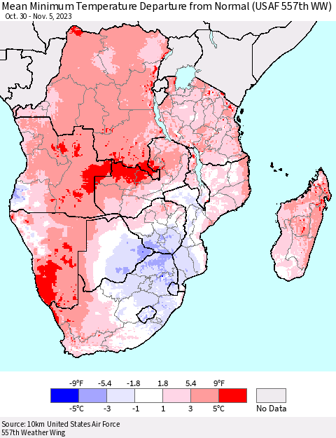 Southern Africa Mean Minimum Temperature Departure from Normal (USAF 557th WW) Thematic Map For 10/30/2023 - 11/5/2023