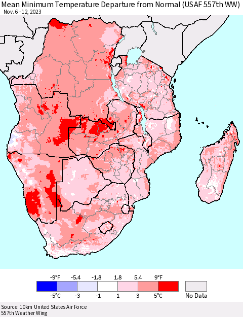 Southern Africa Mean Minimum Temperature Departure from Normal (USAF 557th WW) Thematic Map For 11/6/2023 - 11/12/2023