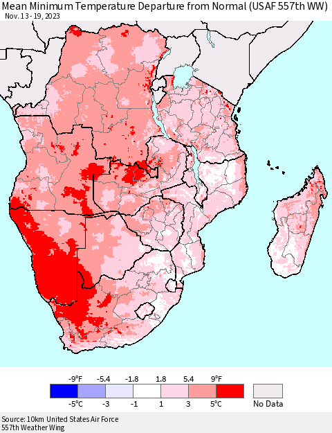 Southern Africa Mean Minimum Temperature Departure from Normal (USAF 557th WW) Thematic Map For 11/13/2023 - 11/19/2023